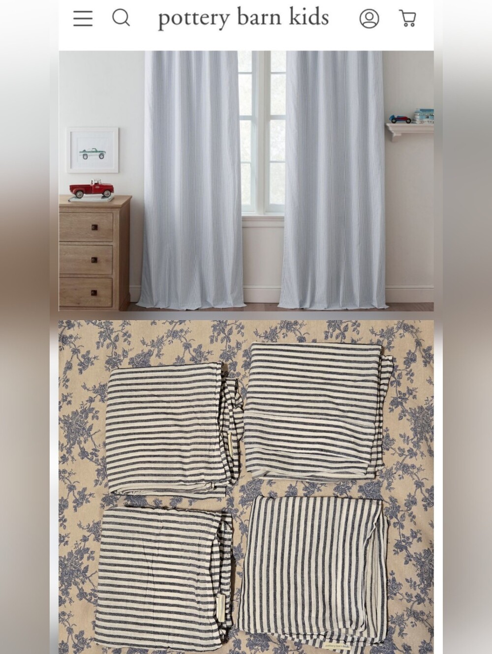 Pottery Barn Kids Set Oxford Blue White Striped Curtains 100% Cotton 44" × 84"